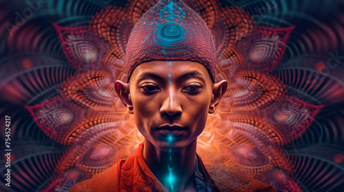 Close up of a mans face with a purple hat in a vibrant CG artwork