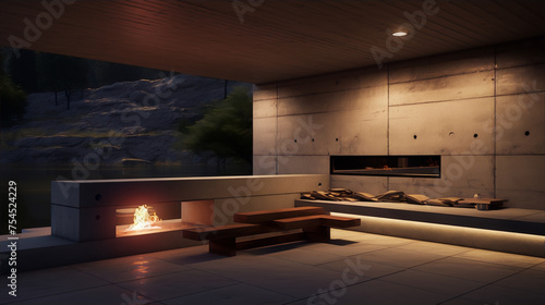 Lakeside concrete house exterior with fireplace and wooden bench  3d illustration