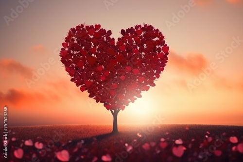 A digitally created heart-shaped tree with leaves in the form of red hearts standing in a serene field during sunset. Heart-Shaped Tree in a Sunset Field photo