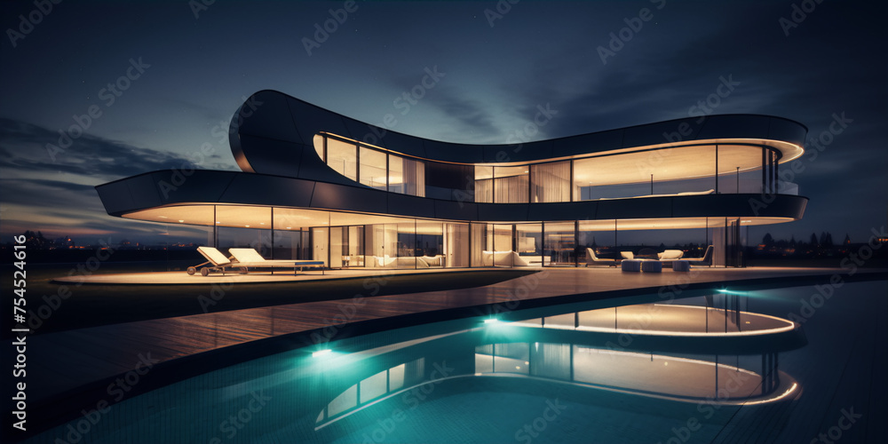 Obraz premium Futuristic house with pool at night. 3d rendering.