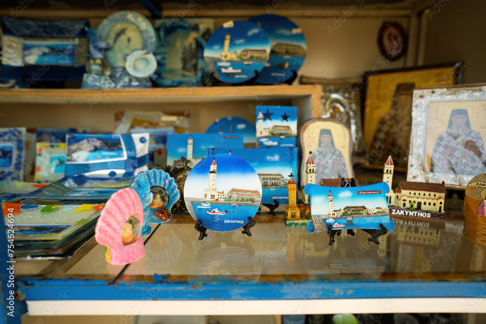 Various souvenir magnets from the island named Zakynthos in Greece