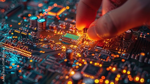 Hand assembling electronic components on a circuit board.