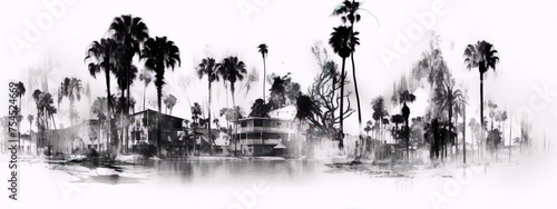 Palm trees and houses near water in black and white with a painterly effect. photo