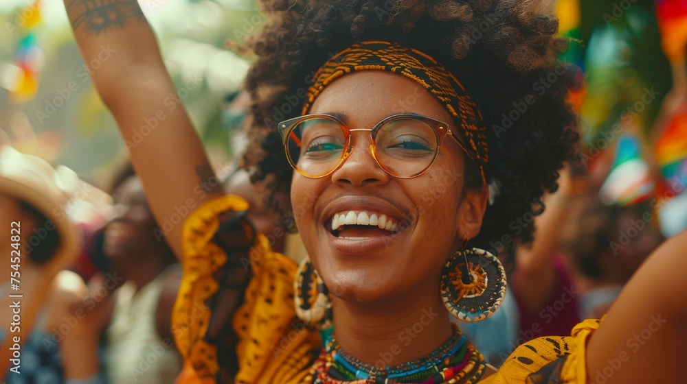 Smiling happy black woman with afro wearing bright clothes for black history month or woman's day celebration. Generative ai
