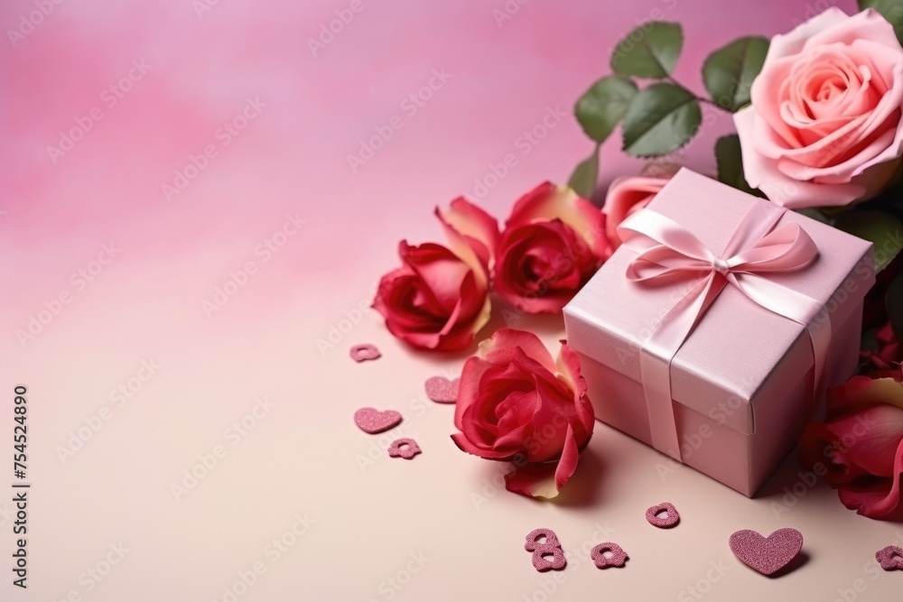 Elegant pink gift box amid red roses and romantic decorations on a soft pink backdrop. Romantic Roses and Gift Box Valentine's Setting Elegant pink gift box amid red roses and romantic decorations on a soft pink backdrop. Romantic Roses and Gift Box Valentine's Setting