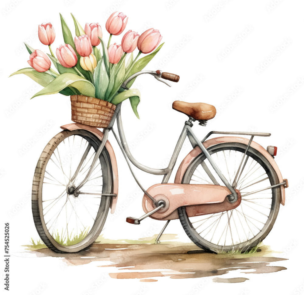 Vintage bicycle with a basket of tulips