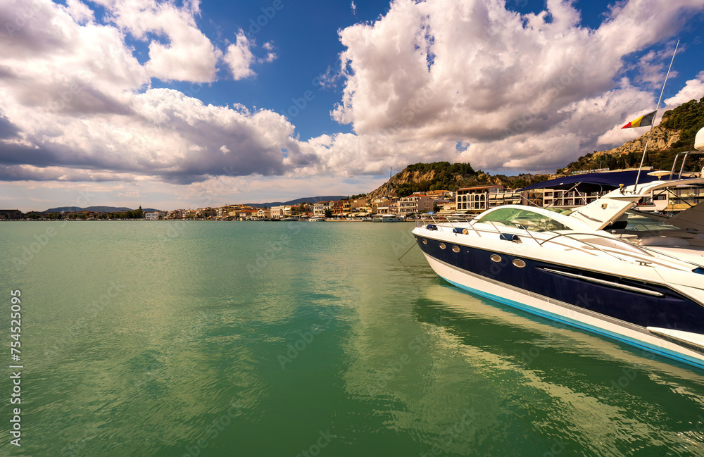Motor boats docked in a port in one of the island of Zakynthos town, Greece