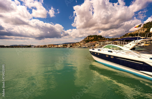 Obraz na płótnie Motor boats docked in a port in one of the island of Zakynthos town, Greece w salonie