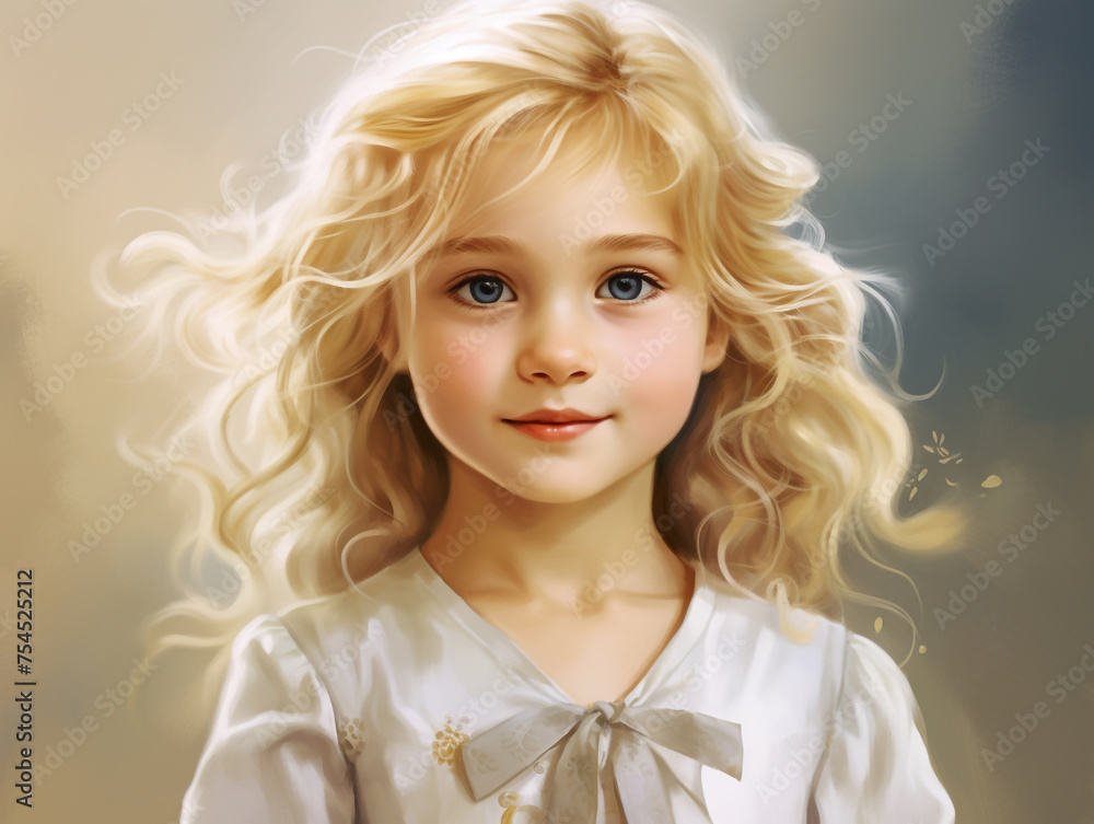 a beautiful girl about five years old with blond curly hair, a beautiful portrait on a white and blue background. Happy childhood. a beautiful girl about five years old with blond curly hair, a beautiful portrait on a white and blue background. Happy childhood.