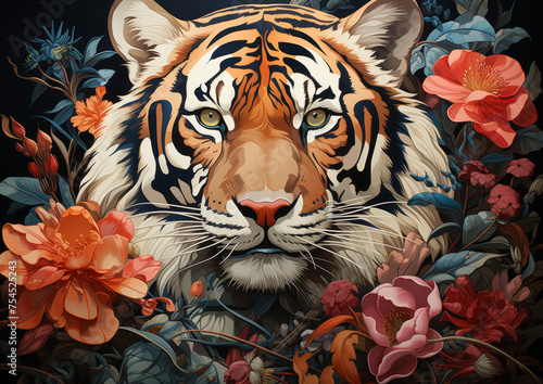 Portrait of a tiger with a floral background