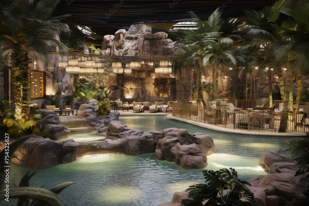 3D rendering of a luxury hotel with a tropical theme featuring a pool, waterfall, and lush vegetation.