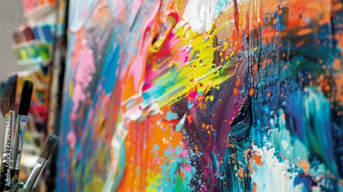 Vibrant abstract painting captured in close-up with dynamic brushstrokes. Artistic expression through bold paint splatters and colorful strokes. Close-up of modern art painting with a burst of colors © Irina.Pl