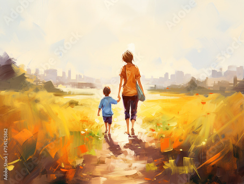 Drawing with large strokes of paint: a mother and son, 5-6 years old, are walking along a country path on a summer day, holding hands. in front of them, in the distance, the outlines of the city lands