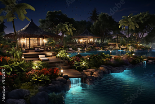 Tropical night paradise with overwater bungalows, palm trees and flowers in bloom. photo