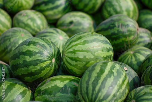 A pile of ripe, green watermelons with distinctive stripes, freshly harvested and ready for market.