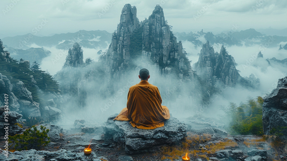 Envision a humble mountain shrine, where a monk offers prayers amidst swirling incense smoke, surrounded by towering peaks and serene silence Envision a humble mountain shrine, where a monk offers prayers amidst swirling incense smoke, surrounded by towering peaks and serene silence