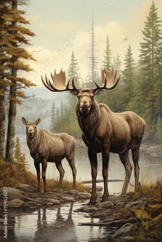 Two moose out in the wild.