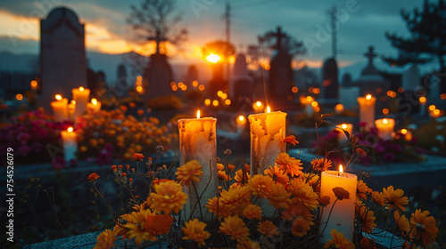 Visualize a solemn graveyard at dusk, where visitors light candles and offer prayers of remembrance for loved ones who have passed on