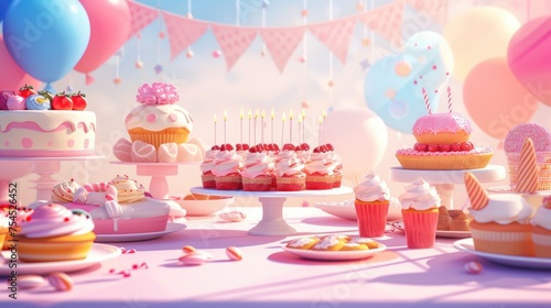 A whimsical display of colorful desserts and birthday decorations