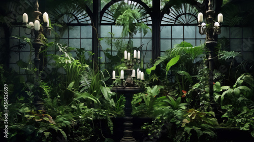 A dark and overgrown greenhouse with a table and candles in the center.