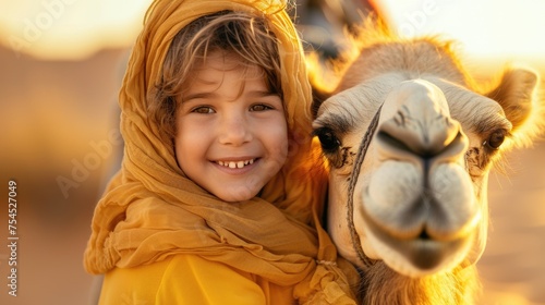 A young child in a yellow headscarf smiling alongside a camel