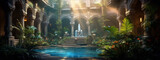 An oasis courtyard with a fountain, plants, and sunlight shining through the arches.