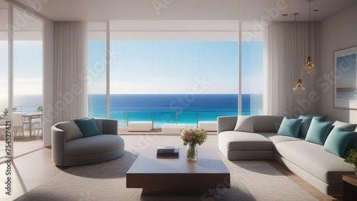 Modern white living room with sea view. the room is furnished with white and gray furniture.The large windows overlook the sea © екатерина лагунова