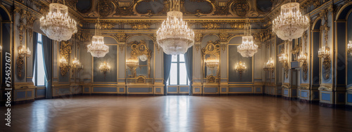 Baroque, Rococo, Renaissance, Neoclassicism, Europe, Palaces, Chandeliers, Windows, Mirrors, Gold, Blue, Brown photo
