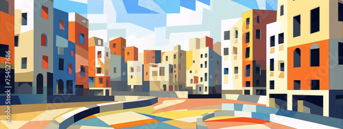 Cityscape with colorful buildings in a geometric cubism style