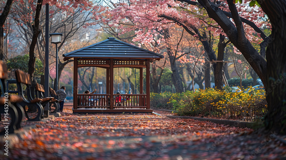 Imagine a lively spring city park filled with the joyful sounds of children playing on swings and slides, their laughter echoing amidst the blooming flowers Imagine a lively spring city park filled with the joyful sounds of children playing on swings and slides, their laughter echoing amidst the blooming flowers