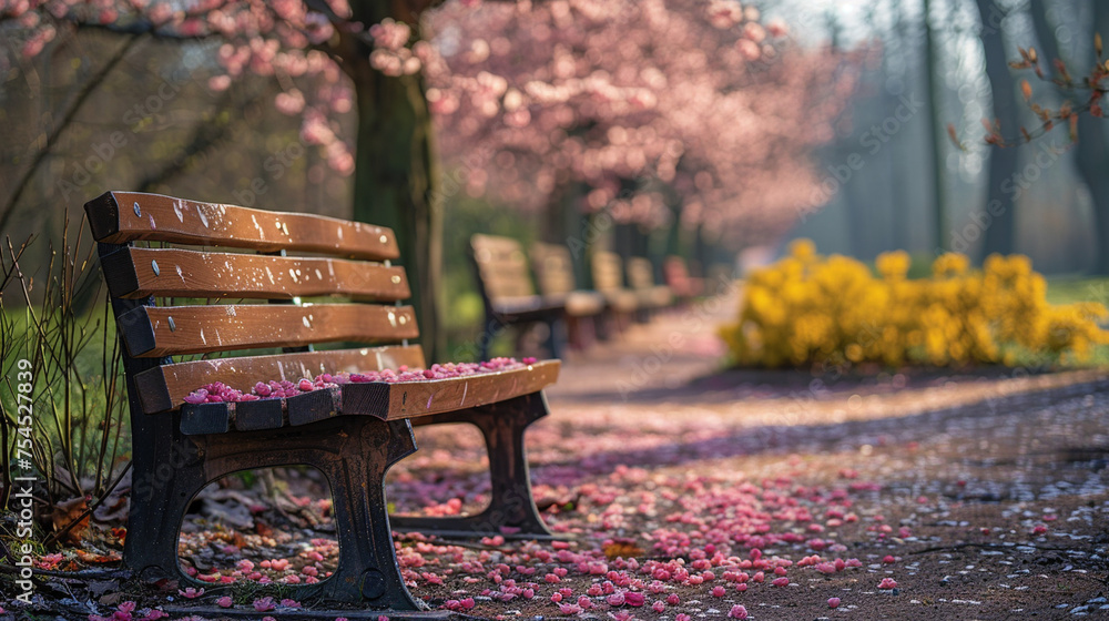 Visualize a charming spring city park with elegant benches nestled ...