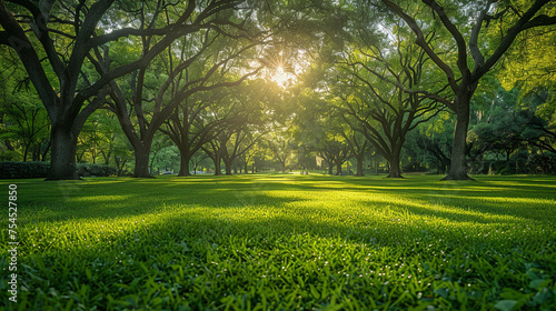 Envision a lush spring city park with towering oak trees providing welcome shade, their branches adorned with fresh green leaves swaying in the spring breeze