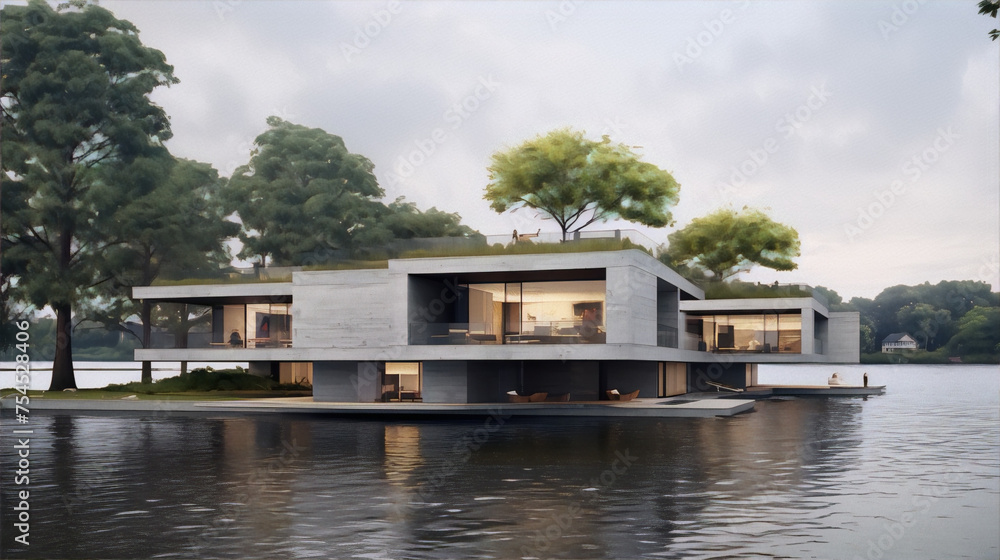 Modern concrete house with large windows on a lake surrounded by trees Modern concrete house with large windows on a lake surrounded by trees