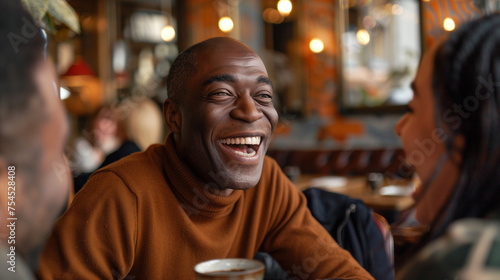 Joyful African American Man Sharing a Laugh in a Lively Café Setting, Warm Friendship and Conversation Concept. © Marina
