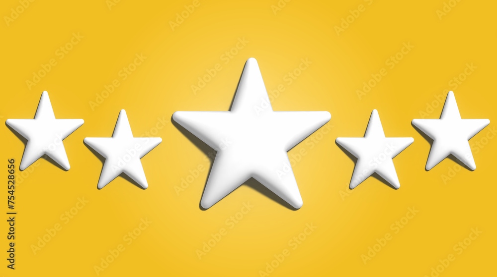 Five white stars on a yellow background, service and service rating concept. 3D render illustration Five white stars on a yellow background, service and service rating concept. 3D render illustration
