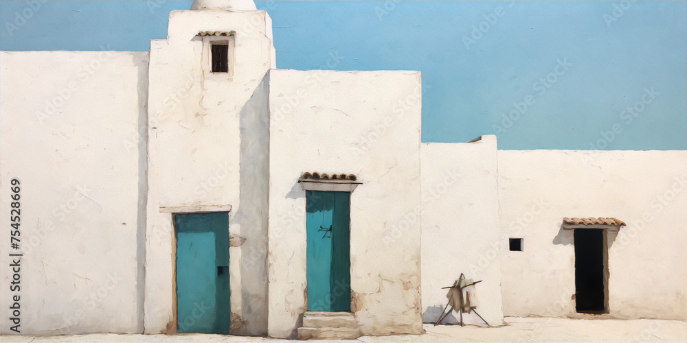 Fine art painting of the whitewashed fac?ade of a traditional house in a Mediterranean village.