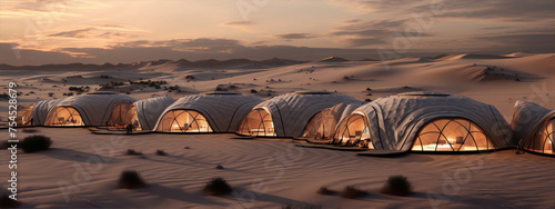 Futuristic luxury desert resort with domed suites at sunset