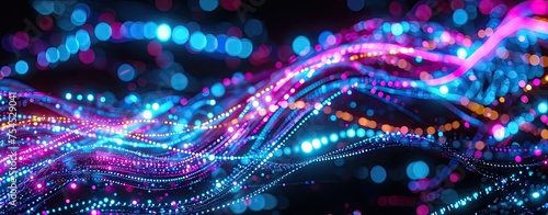 abstract background with pink blue neon lines glowing in ultraviolet light,