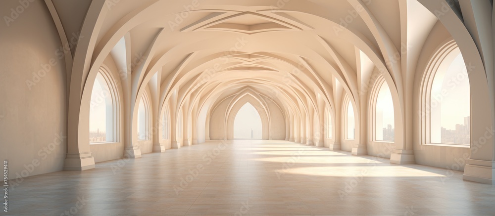 A long hallway is adorned with multiple arches on the walls and ceiling, creating a grand architectural design. The hallway stretches into the distance, inviting exploration.