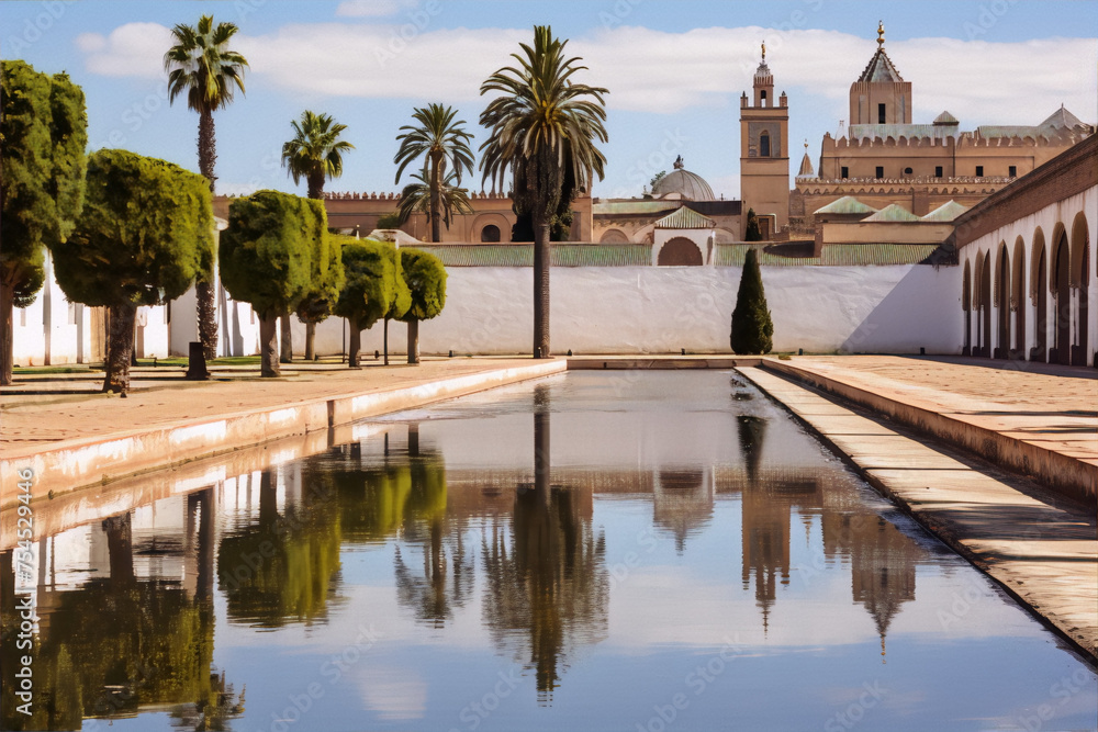 Symmetrical reflection of a courtyard with palm trees and a mosque in the background