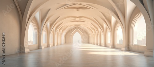 A long hallway is adorned with multiple arches on the walls and ceiling, creating a grand architectural design. The hallway stretches into the distance, inviting exploration.