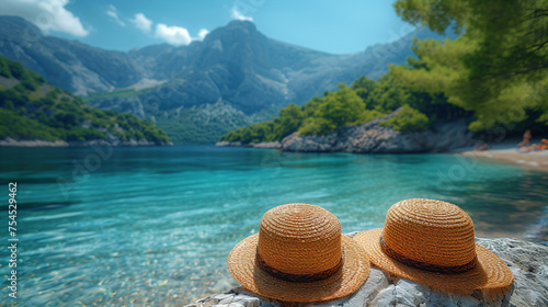 Two straw hats resting on a rock, overlooking a serene turquoise sea, lush greenery, and towering mountains under a clear sky, creating a peaceful, idyllic atmosphere.
