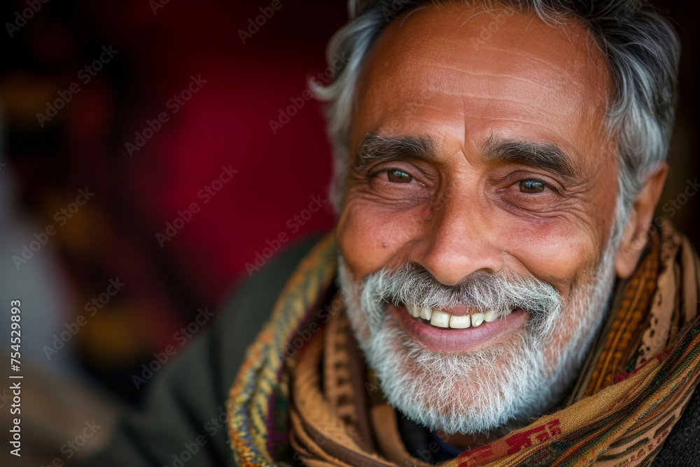 A man with a beard and white hair is smiling and wearing a scarf. He looks happy and content