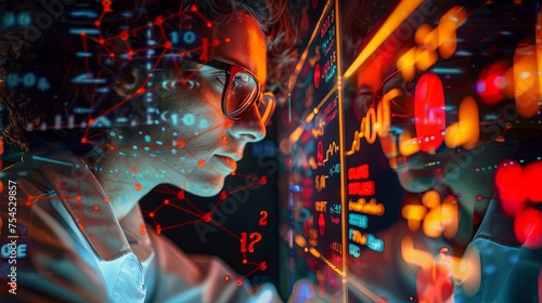 A scientist (physicist, chemist, mathematician) in glasses ponders a matrix of luminous formulas and models. A man solves some scientific problem. Illustration for a variety of design. photo