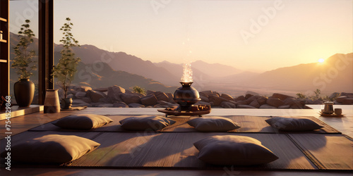 japanese zen garden with a view of a mountain landscape at sunset in warm colors