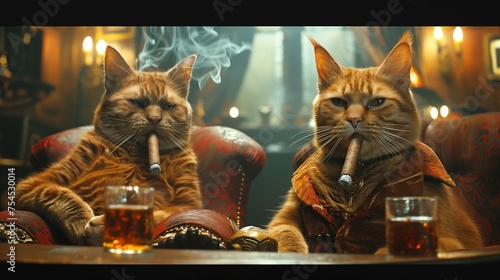two fat cats are sitting in armchairs at the table with smoky cigars in their mouths, there ar two glasses with iced whiskey on the table