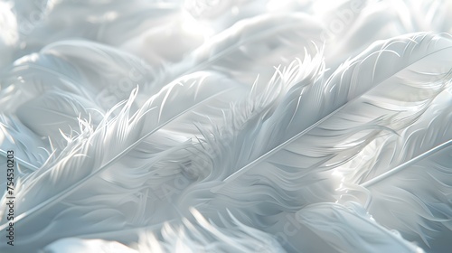 Serene white feathers close-up. soft, delicate texture elicits a sense of calm. perfect for backgrounds or serenity themes. AI