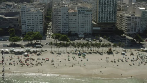 Aerial, drone video of cars, pedestrians on Copacabana Beach in Rio de Janeiro