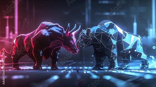concept of stock market exchange or financial technology, polygon bull and bear with futuristic element photo