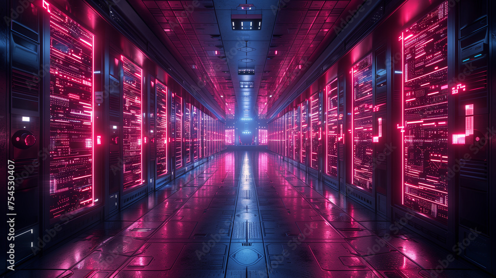 Data center with server racks. Modern telecommunications, Artificial intelligence concept